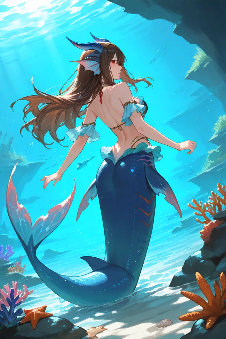 Long haired mermaid in blue bikini standing on a rock near water, beautiful mermaid, by Yang J, mermaid, artgerm and atey ghailan, Style ArtGerm, a beautiful artwork illustration, ArtGerm on ArtStation Pixiv, ! Dream ArtGerm, deviantart artstation cgscosiety, painted in anime painter studio, digital anime art