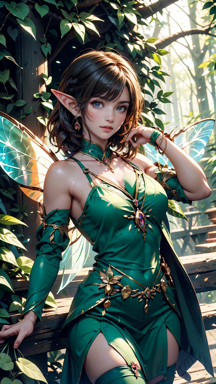 un primer plano de una mujer con un vestido verde y alas de mariposa, artgerm julie campana escarabajo, extremely detailed artistic germ, personaje duendecillo, sonriendo como una reina de hadas, forest fae, Retrato de un hada, fantasy card game art, hada del bosque, arte de tarjetas coleccionables, Retrato de hada, reina hada del bosque de verano