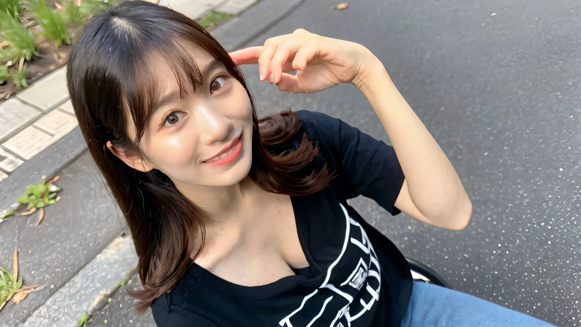 ((highest quality、8K、masterpiece:1.3))、1 girl、laughter、Full body Esbian、slim face、Beautiful woman、short bob、(dark brown hair)、Thin shirt、shorts:1.1、highly detailed face、detailed eye、double eyelid、blurred background、slim face、city、Take-out、street、Stay with the dog:1.3、pet、Staring at the dog