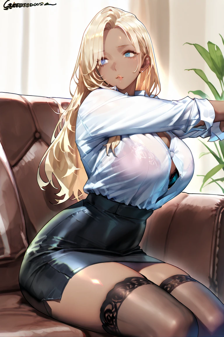masterpiece, best quality, finely detailed, 1girl, (blonde), (bishoujo), cute, (green eyes), (eyelashes), (huge breasts), (cleavage), (white shirt:1.2), (open shirt), sitting on a sofa, lamp, window, night, delicate interior design,