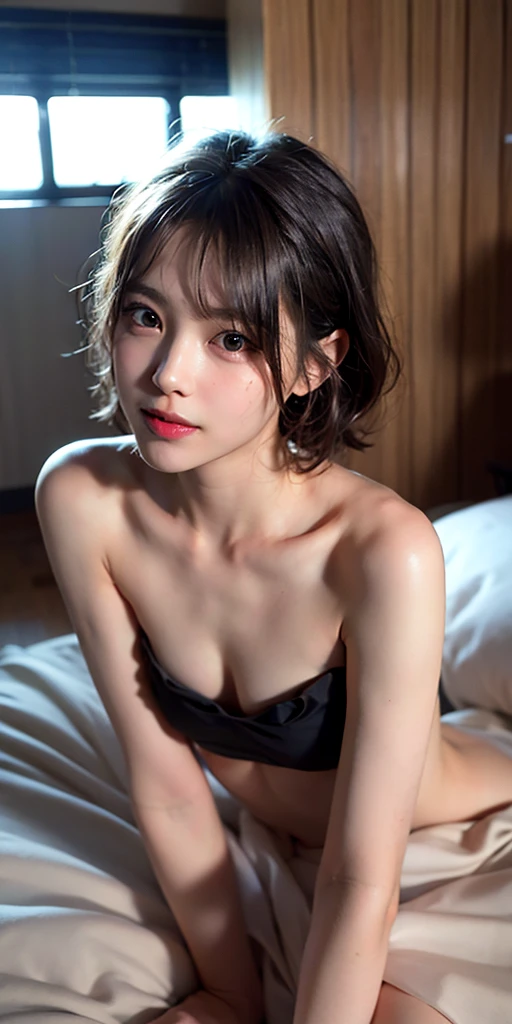 (masterpiece:1.2), Very detailed, Ultra-high resolution, (Realistic, photo Realistic:1.6), High-resolution RAW color photos, Professional photos, Dramatic lighting, 映画のFunctionalなシーン、Sharp focus:1.2, (Very detailed顔と肌の質感, Very beautiful eyes, Glossのある肌, Glowing Skin, Glowing Skin, Shining Face, Gloss, Oily skin, greasy face, Oily skin, greasy face, 強いGloss), Perfect Anatomy, Very detailed背景, 1 female, 25-year-old woman, Japanese women,Height: 168cm, (Short Bob Hair, Straight hair, bangs:1.3, Brown Hair), (Lean:Weight 1.0), (Flat Chest:1.7),((Erect nipples:1.3)),(Slender body),((Small Ass)),(((bed))),((Lie on your back:1.6)), ((Functional)), ((Glowing Skin)), (((Dark navy one-piece swimsuit、Japanese School Swimsuit)),(((Undressing:1.6))),Wet swimsuit,(real Glossのある肌 texture), (Glowing Skin), (((White skin))),(((Browsing Caution))),Earrings,Seeking sexual activity,Invite to sex