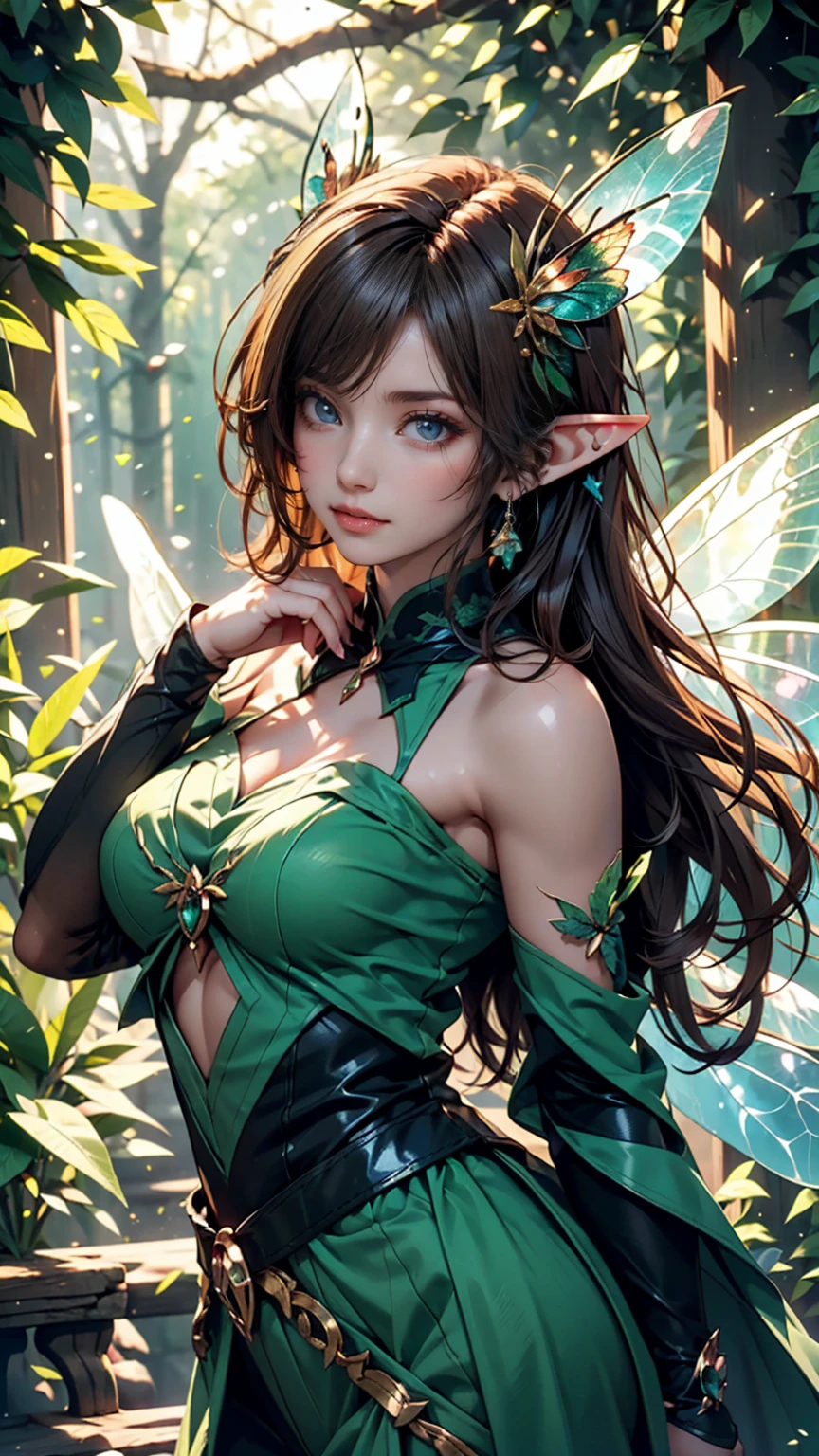 (best quality), 1girl, female, bronze skin, black hair, high ponytail, side swept bangs, long hair, green eyes, perfect eyes, tan lines, (elf), pointed ears, fantasy dress, smug, masterpiece, anatomically correct, highres