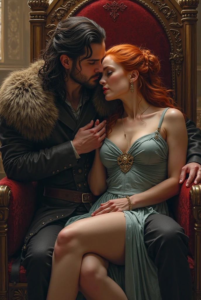I need you to recreate an image of a heterosexual couple of medieval fantasy the characters are:Ledy Brittany Bracken, Features are, Young woman,18 years old, White skin, blue eyes, Long coppery orange hair,Boluctuous, big tits, flirtatious, undressing, erotic and sensual in front of Lord Benjicot Blackwood,Features are, a gentleman, 18 years old, black hair, blue eyes, white skin Caucasian, Wearing medieval lord clothing, in the familiar colors red and black, with the emblem of a white tree. Young couple, Forbidden love, rebellious teenagers, Romeo and Juliet style, inside a forest, on the banks of a river, making love, having intimacy, explicitly, doing 69 and in a passionate way. (FANTASY MEDIEVAL)