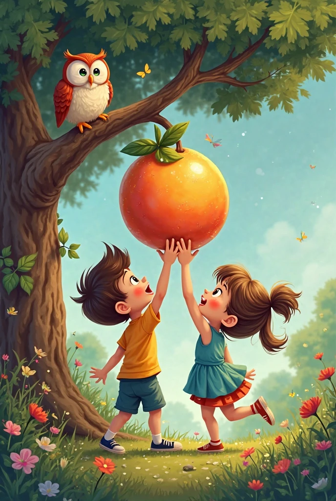 A beautiful summer in a forest where kids are climbing in a tree to steal a fruit looking fascinating