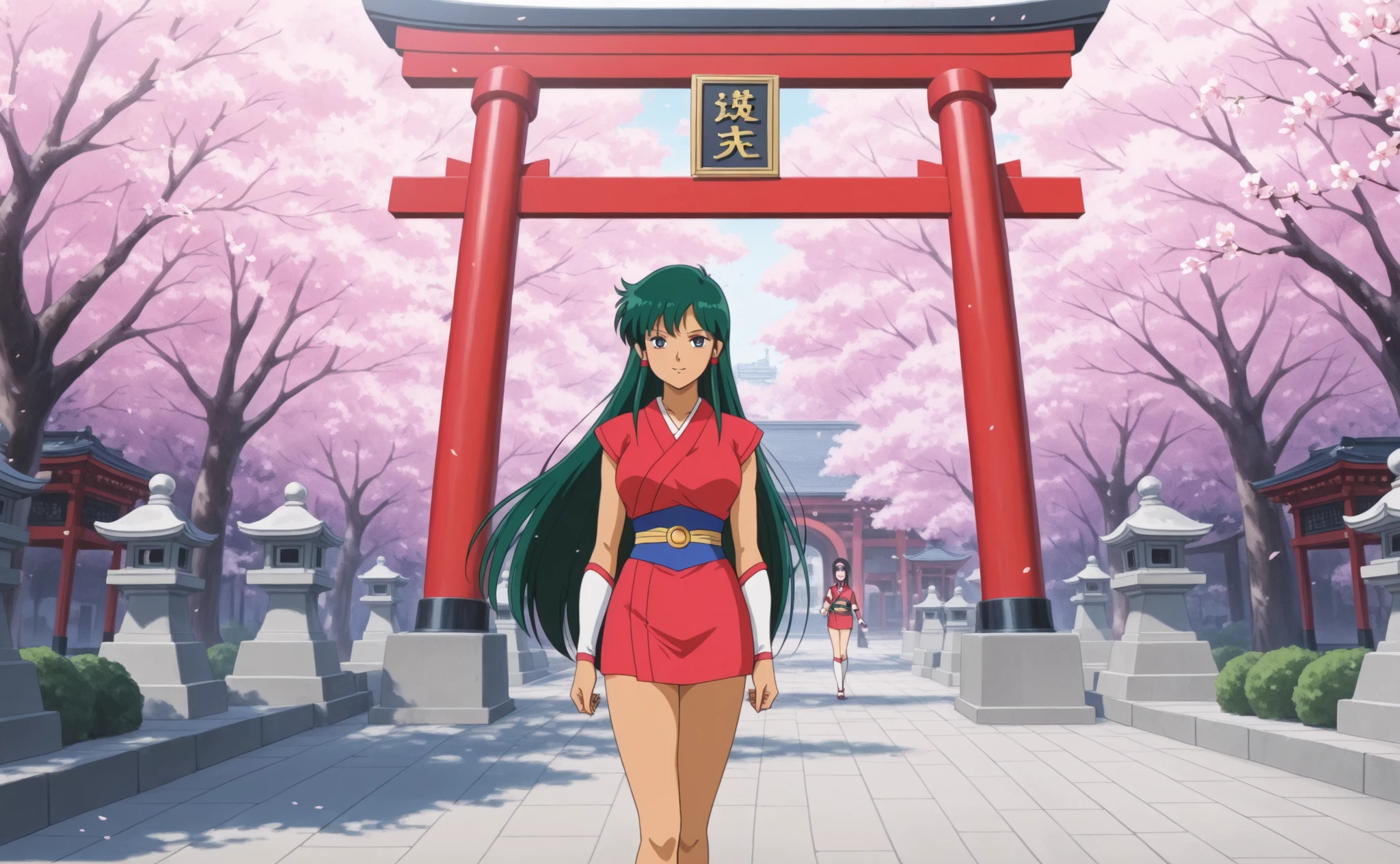 Time Gal in ancient Japan, under a red archway surrounded by cherry blossoms, in full view in a highly detailed anime style