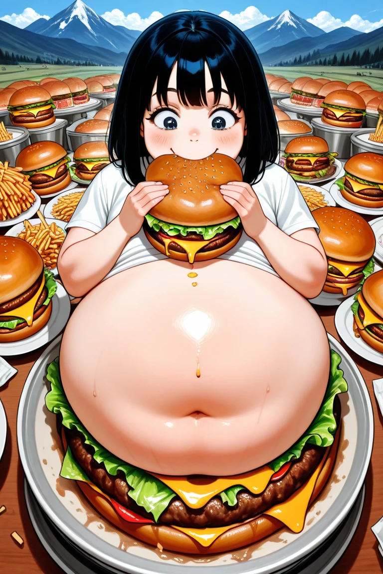 cute young woman with long black hair, blue eyes, purple shirt, white skirt, happy with a full stuffed belly, eating an hamburger