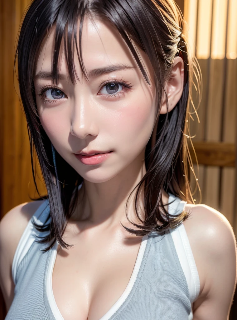 do, One girl per photo, Upper Body Shot, View from the front, Korean Model, She is smiling in a cafe wearing a cute short-sleeved satin black maid outfit., Wearing a white frilly headband, White frilly apron, Black choker, Attractive person, Super cute face, Glossy Lips, Sweaty body, Double eyelids on both eyes, Natural Makeup, Long eyelashes, Shiny and smooth light brown long bob hair, Asymmetrical bangs, Sunburned skin, Center image, 8K resolution, High detail, Detailed hairstyle, Detailed face, Spectacular movie lighting, Octane Rendering, Vibrant, Ultra-realistic, Perfect limbs, Perfect Anatomy