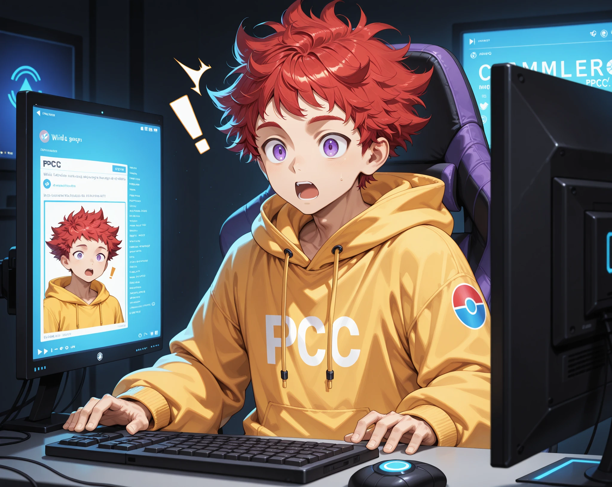 (Rulax: man ,Short hair, wild and messy spiky hair, red hair, purple eyes), male focus, 1man, oversized hoodie, yellow hoodie, surprised face, OPEN EYES, OPEN MOUTH, EXCLAMATION MARK ICON, room with monitors around, pc gamer, gamer seat, nintendo logo on screen