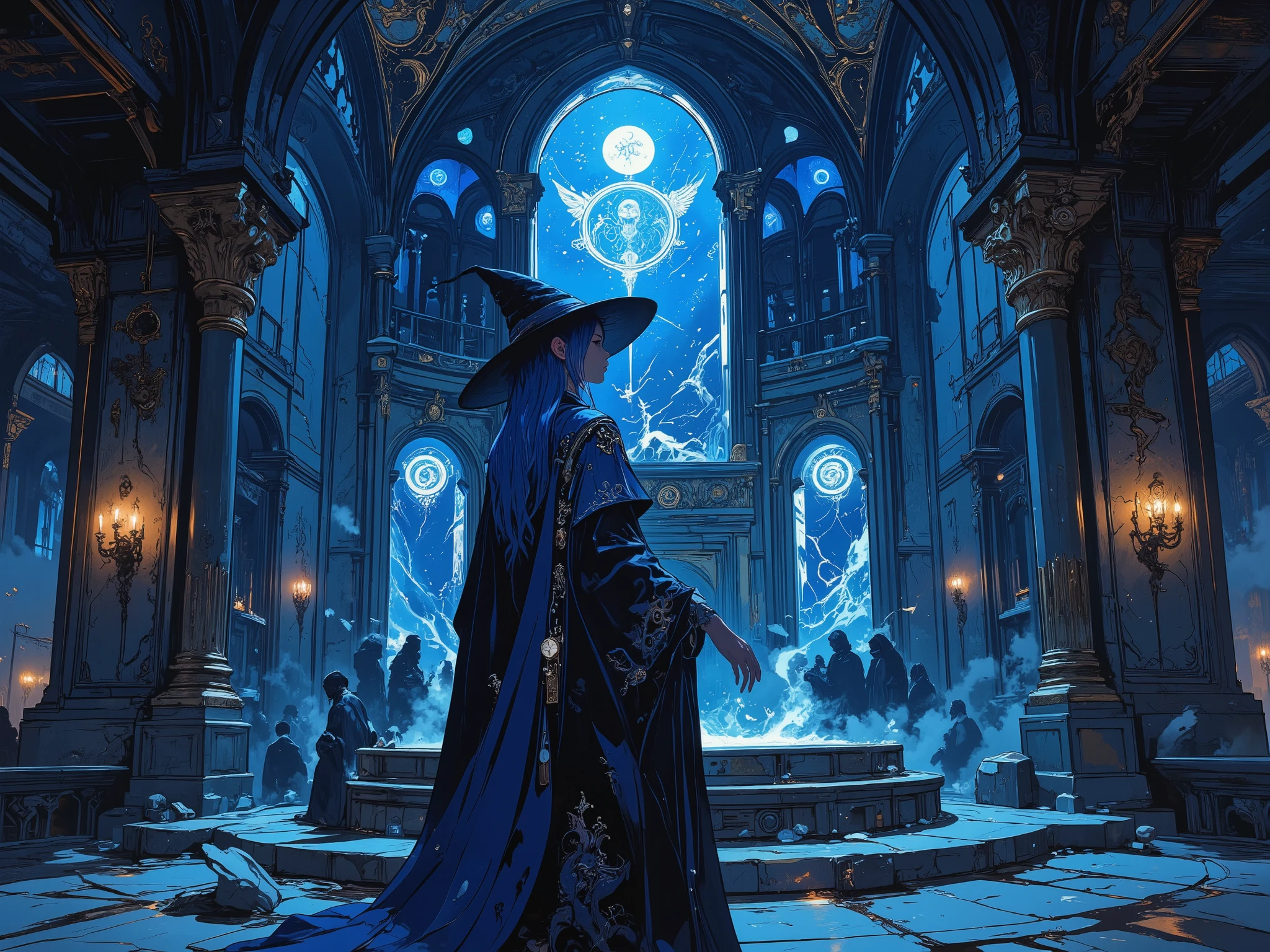 "Fantasy-style (dark mystical elegance:1.3), featuring a captivating blue witch standing in her majestic fortress. She has mesmerizing blue hair flowing gracefully down her back (ethereal motion:1.2) and wears an intricately designed robe and pointed witch's hat in deep sapphire tones with silver accents (luxurious details:1.3). Her piercing gaze (soul-piercing intensity:1.4) emanates profound wisdom and power, able to captivate and intimidate even the most courageous warrior. Her posture is imposing and elegant, while her presence exudes immense authority and magnetic allure.
The fortress around her is constructed from refined, gleaming blue marble (noble materials:1.3) and accented with other majestic elements such as silver filigree and gemstone inlays. Towering arches and intricate carvings decorate the walls, reflecting her intellect and mysticism. The interior is illuminated by a mystical blue glow (magical lighting:1.2), with shimmering chandeliers and glowing sigils embedded into the walls. The atmosphere is imbued with an air of reverence and mystery, symbolizing her unmatched knowledge and skill as the most talented manipulator of shadow and arcane energy.
Style: hyper-detailed, cinematic lighting, clean textures, bold character lines, mystical and awe-inspiring ambiance."