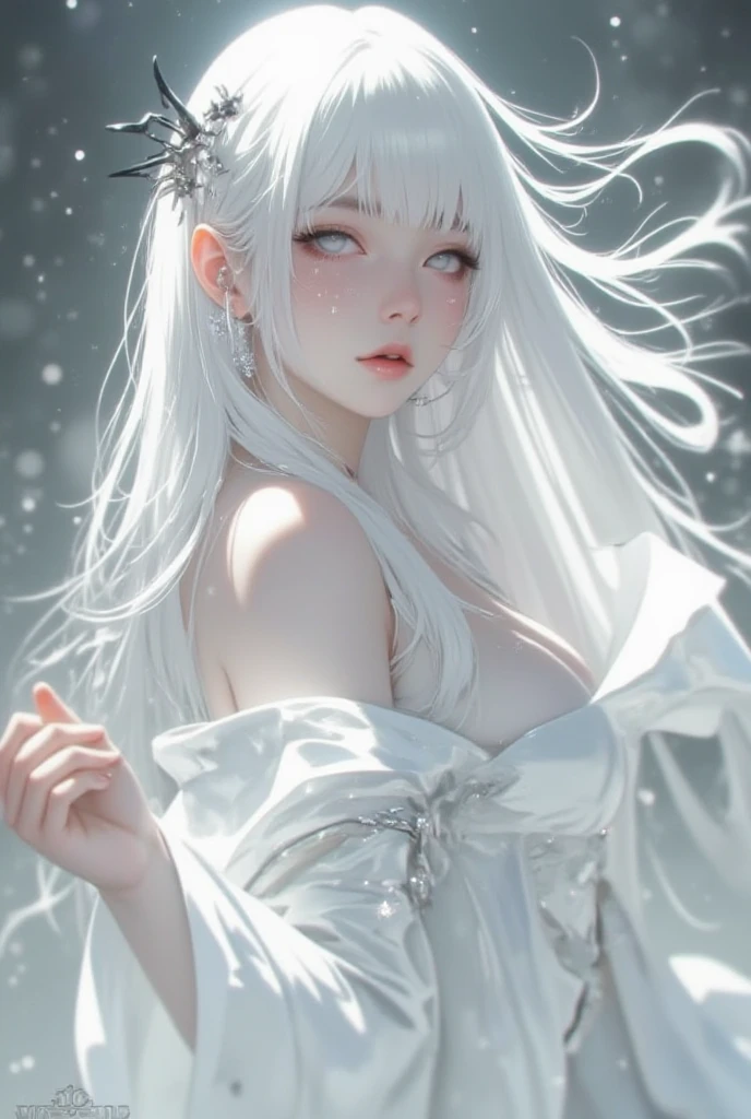 masterpiece, highest quality, (alone focus), (Perfect Face:1.1), (Attention to detail:1.1), (Highly detailed eyes), dramatic, White skin and long, Voluminous white hair, White eyes, alone, Long Hair, moon, night, White luxury suit, Covered navel, Swollen lips, , Arrogant look, rose garden, Detailed Background, Art by artgerm, Cinema Lighting, Rose, fashion, Balenciaga Style