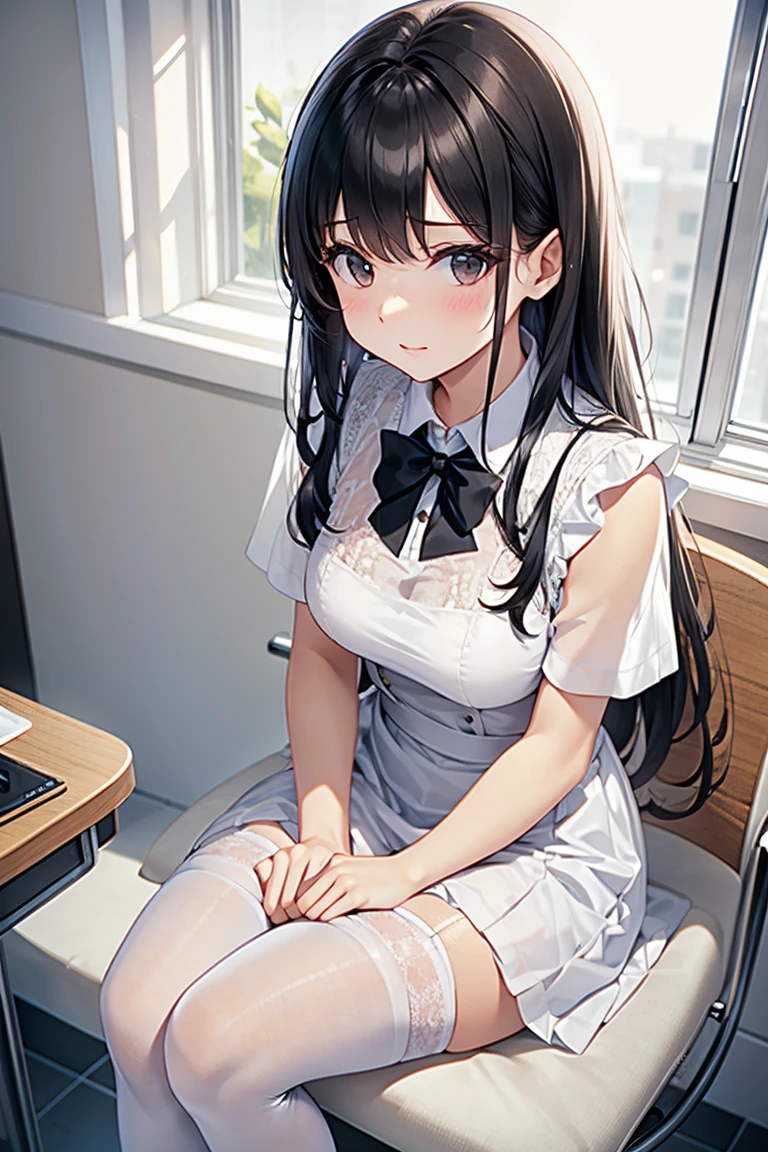 1girl, anime, black eyes, long black hair with square bangs, very long black hair, super long black hair, skirt and stockings, heels, black Japanese style kimono mixed with ribbed black sweater with red accents and sakura floral design, ((ribbed black sweater)) adult, (Japanese shrine/temple background), gamer, (((gamergirl))), (((office lady))), kimono sleeves, garter, graceful, ((maid uniform)), nun outfit, nurse outfit, flight attendant badge/nametag, retail store apron, design, broom, sweeping, cleaning, happy, feather duster