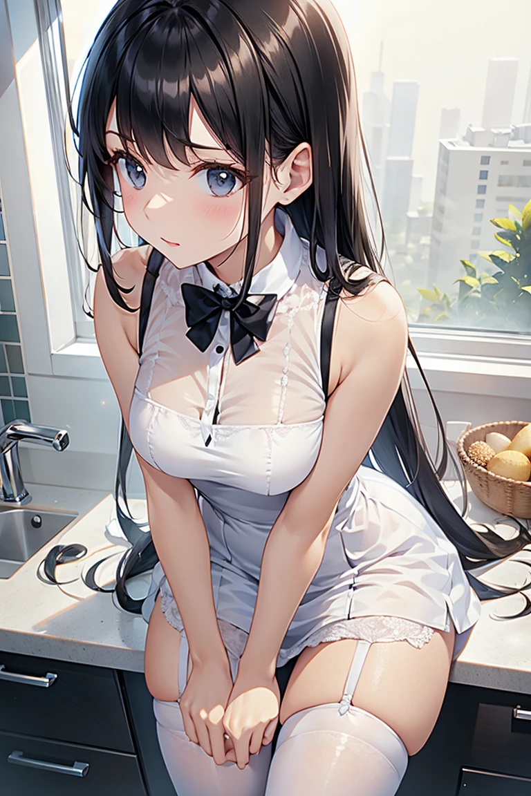 top-quality、Full limbs、complete fingers、1 beautiful woman,mole under eye、、sweat、Slender beauty、straight haired、Bright brown hair、((pink waitress uniform、covered erectile nipples、very skinny))、cleavage、White pantyhose、 Seaside restaurant、on table、used condom、(((((vulgarity)))))、spoken heart、(tan:1.5)、