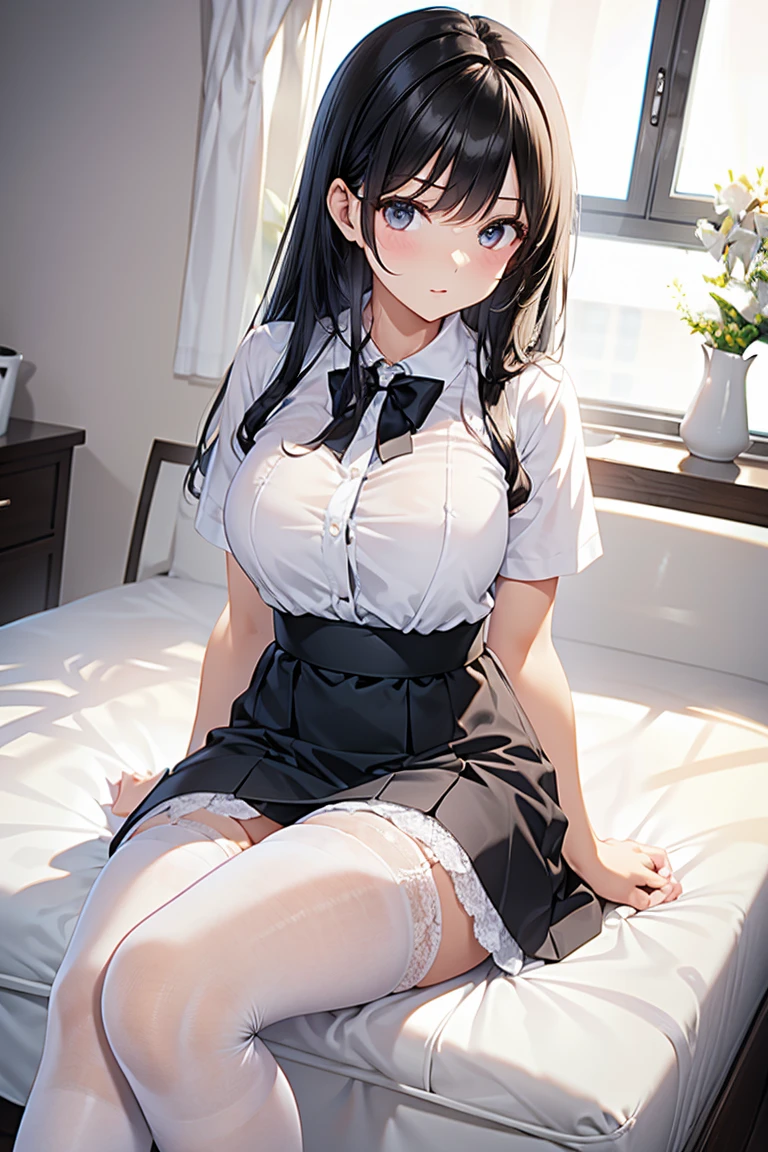 (1 Girl:1.2),(high quality), (High resolution), (Very detailed), (8k),(Demolition paperback correct)、Sexy Lingerie、Wearing a sailor uniform、((Focus on the whole body))、Nipple Shape、((Black Pantyhose))、Hair messed up by strong wind、Neutral White Lighting,Sexy pose、