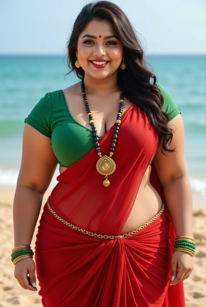 (best quality,4k,8k,highres,masterpiece:1.2),ultra-detailed,(realistic,photorealistic,photo-realistic:1.37), Indian woman wearing (properly draped) saree (saree), (young woman), 20 years old, (chubby cheeks:1.5), (curvy body:1.4), (eyeglasses), (bindi), An Indian beauty, charismatic, light Indian- skin, view the viewer, naughty smile, in a beach,(detailed facial features), full-body shot, hd, 2k, 4k , 8k, 16k