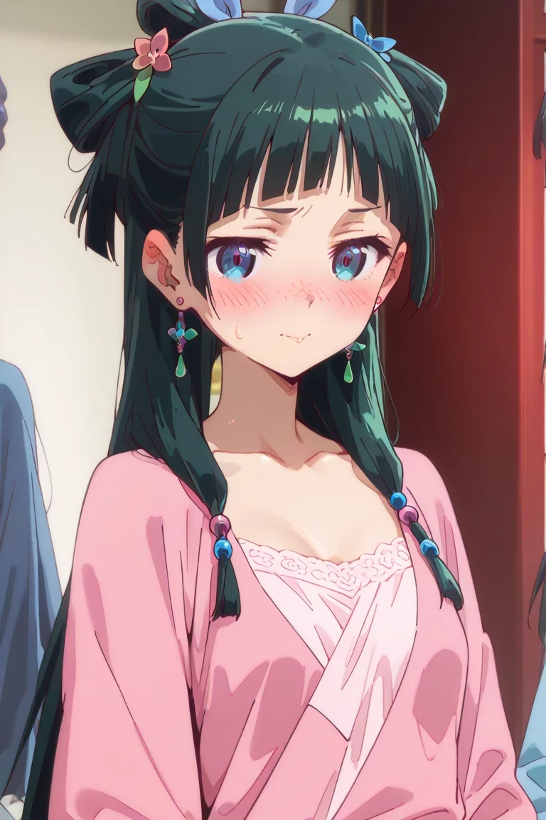 maomao, Mao Mao,(of the best quality), (8k, high definition), (very nice), ( anime art style ), Insanely short（height 100 centimeters）,one young beautiful girl , Features, dark green hair ,  gentle blue eyes(small pink heart in black eye),Complicated Hairstyles, long hair, earrings, (slim figure), (small breasts),(side), Hair Accessories, earrings, hair spread slightly to the side.from below is shy、erotic face、イキ顔、ahe face、blush your cheeks、
