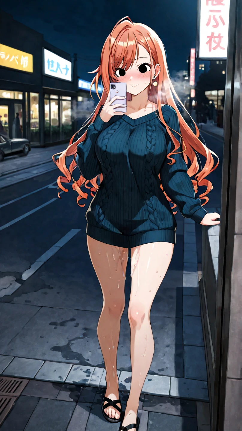 ((best quality, masterpiece, 8K)), (detailed), highly detailed face and skin texture, detailed eyes, downtown, full body, slender body, 1girl, 25 years old, white skin, blue eyes, worried, embarrassed, long hair, (forehead), stylish top, denim pants, blue jeans, footwear, peeing jeans, peeing pants, pee stain, (wetting herself), desperation,