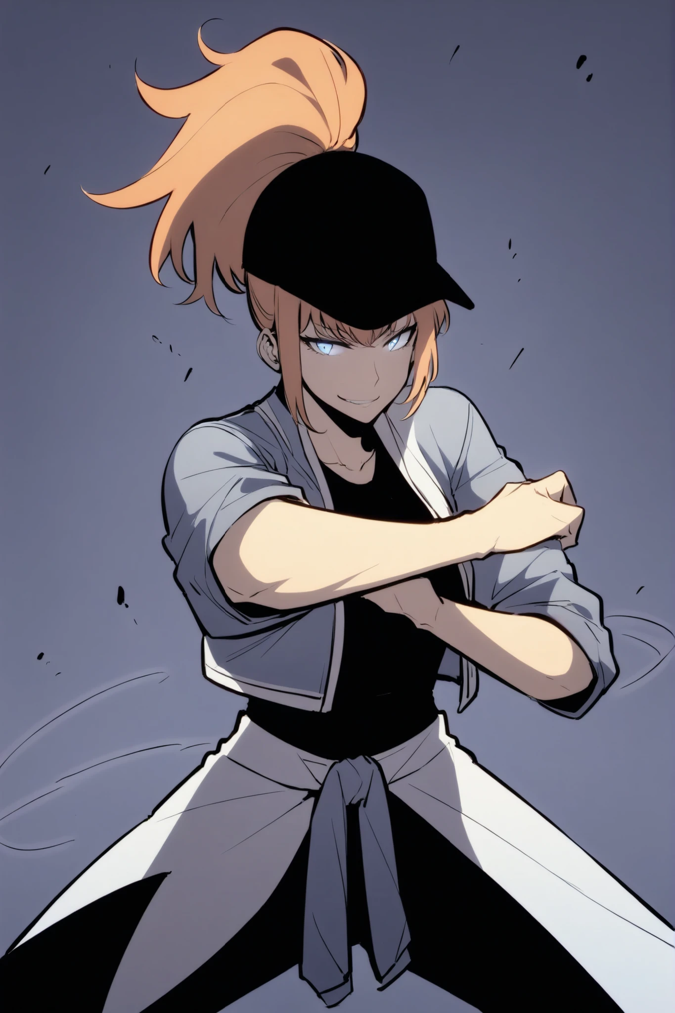 Beautifull, Athletic, alone, woman, orange hair in a ponytail, black cap, black light blue eye, white Half-closed jacket with rolled up sleeves, White skirt held with bands around her waist, black pants, , intricate sketch, expressive eyes nose and mouth, simple pose, martial art stance , perfect Anatomy, thick line , smirk