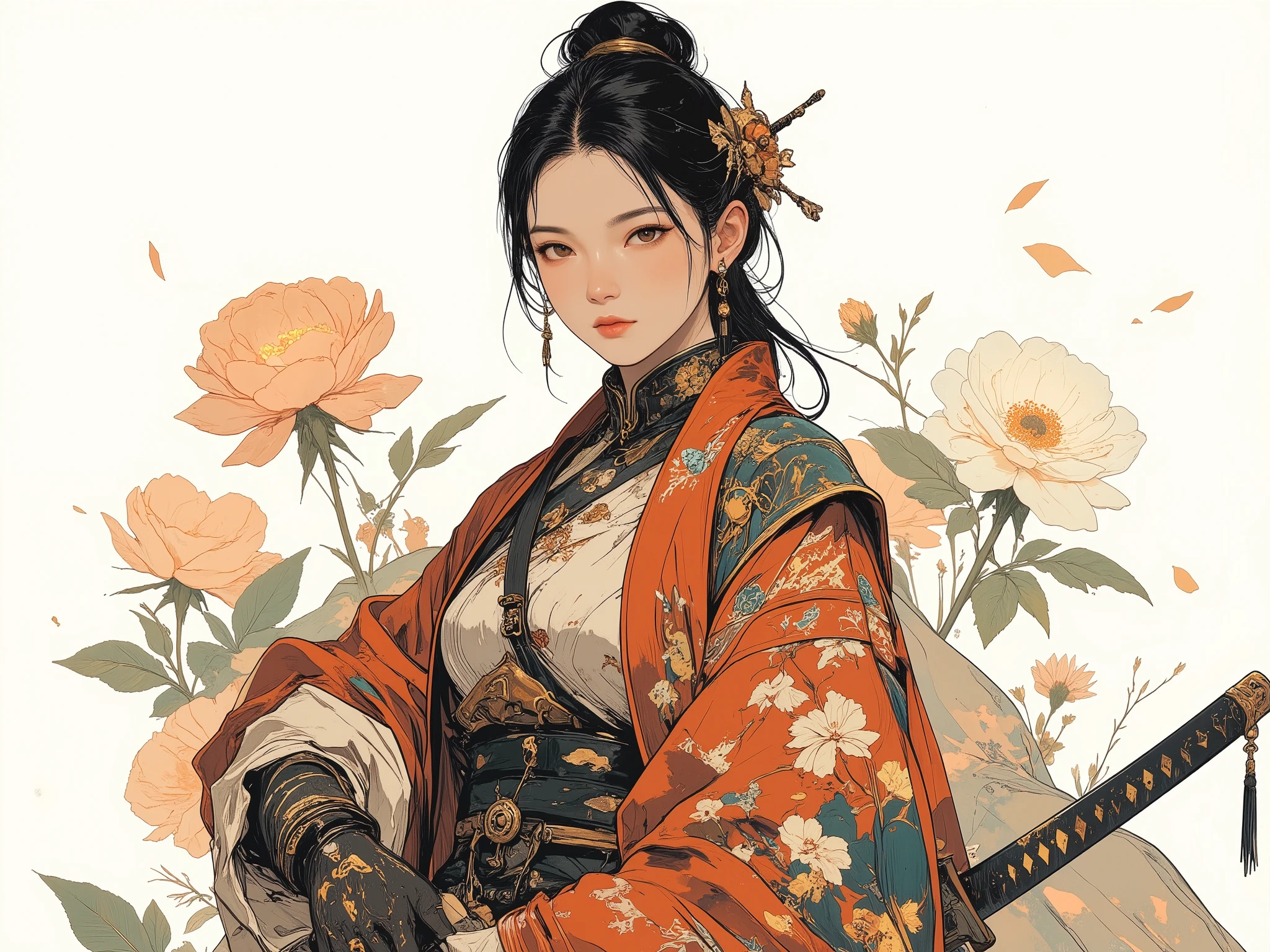 Female figure (ethnicity:east asian, age:1.1), wearing elaborate traditional attire (detailed clothing:1.2), featuring intricate floral patterns (detailed patterns:1.2), and gold accents, (accessories:1.1) holding a katana (detailed weapon:1.2) in a dynamic pose (pose:1.2), with a slight forward lean, facing viewer, (expression:1.2), (body type:1.1). The figure is centered in the image. Composition is balanced, showcasing detailed facial features (facial features:1.3), with a soft lighting effect (lighting:1.1), creating a captivating atmosphere (style:1.2). The background is a plain white, with subtle color gradations and a hint of floral motifs (environment:1.1) creating a sense of depth and a clear focus on the subject. Digital painting style, detailed skin texture (detailed skin texture:1.2), with soft color transitions, (atmosphere:1.1) photorealistic style, traditional Asian aesthetic, (detailed hair:1.2).