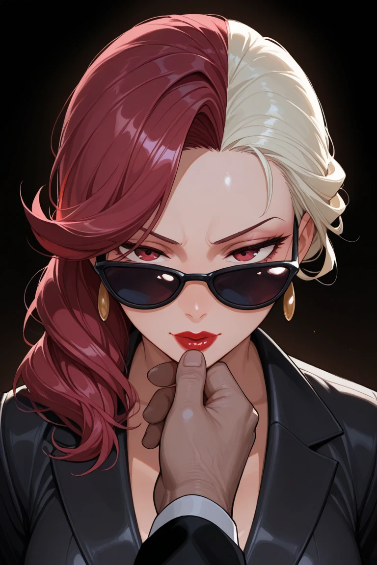 girl, Mafia godmother, big for deep use, sunglasses, suit, Red eyesight , Two-color hair( , BLACK), masterpiece, Fascinating, red lips