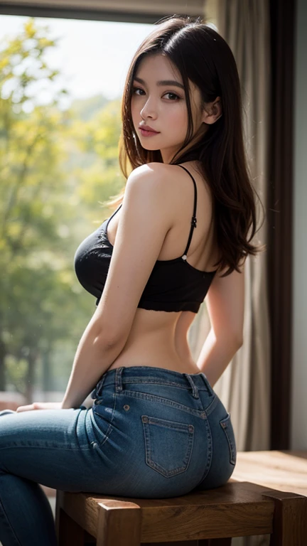 (masterpiece:1.3, highest quality), Ultra-high resolution, Super detailed, (Realistic, photoRealistic:1.4), Perfect lighting, colorful, Depth of written boundary, View your viewers, 1 girl, alone, (Huge breasts、Cleavage、Big Ass、Captivating thighs), (Middle Hair:1.2, Half Up:1.2, Black Hair), bangs, Shiny skin, (Detailed cloth texture), (camisole、Shorts), (Beautiful views), (Modern Living),Sitting, (smile),