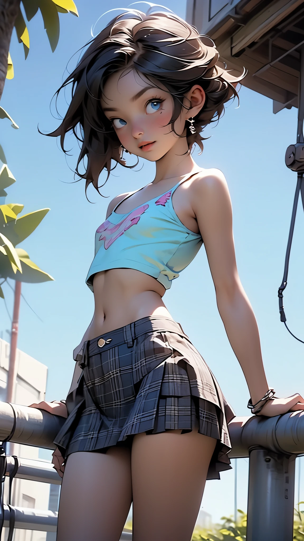 12 year old teenager, cuerpo completo, hermosos ojos, wavy brown hair, vestido corto ajustado al cuerpo, ropa mojada,sin ropa interior, claro escote. De pie mirando al espectador, exprecion de deseo. Imagen ultrarealista de alta calidad