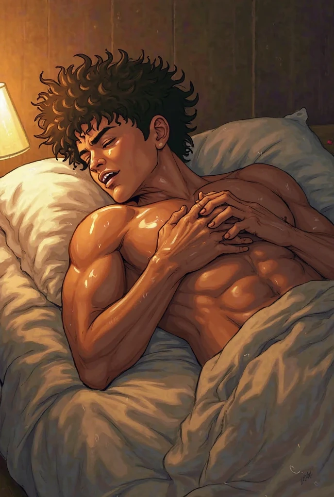 8k, best quality, brown dark hair, messy hair, eyes closed, beatiful hands, large breast, abs, big ass, topless, white thong, slepping on a bed, hotel luxury, sunrise, lying on the bed