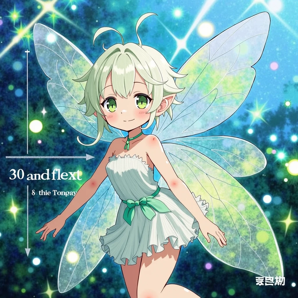 clay art, cute ((small)) little child small scale micro_body_size small_scale petite ((Height:20cm)) fairy girl ((fairy_4wings)) (((girl is flying in the sky))) 10years old bluegreen dress blouse, glistening skin eyeliner small breasts skindantation shiny hair shiny skin  ([partially gradient multicolored [[blond::0.9]:rainbow] medium hair  ]) green eyes ((eyes visible through hair)) kind smile floating fly