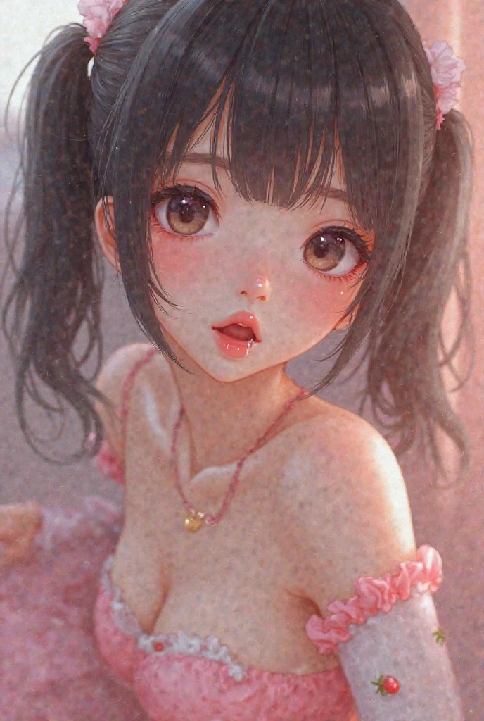 Face focus, portrait, glowing black eyes, feminine style, one girl, asymmetrical bangs, bangs, black hair, braid, bra, camera gaze, smile, night, bob hair, abdomen, red lips, shirt, solo, standing, braid, upper body, underwear, pink underwear, perfect body line, beautiful kubire, beautiful, naughty face, high quality