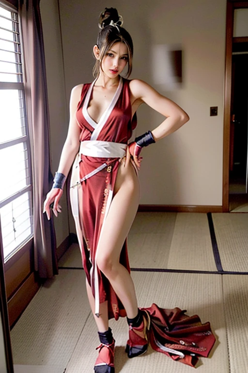 mai shiranui, Brown eyes, The whole body is reflected,The toes are visible, Standing, Full body, prestige, Long hair, Brown hair, White ribbon, Sleeveless, poneyTail, sash, pelvis curtain, arm guards, mitts, tabi, fascinated expression, Sexy eyes, medium breasts, Smile, Cute, view the viewer, Long hair, Close to Japan temple, (breasts focus:1.2), (Realistic:1.2), (Full Shot: 1.2), (Realism), (masutepiece:1.2), (Best Quality), (ultra-detailliert), (8K, 4K, Convoluted), (85 mm), light Particle, Lighting, (Highly detailed:1.2), (Detailed face:1.2), (gradients), SFV, Colorful, (Detailed eyes:1.2), (Detailed temples of Japan: 1.2),(Detailed background), (Dynamic Angle:1.2), (Dynamic Pose:1.2), (Line of action:1.2), Wide Shot, Daylight, Solo.