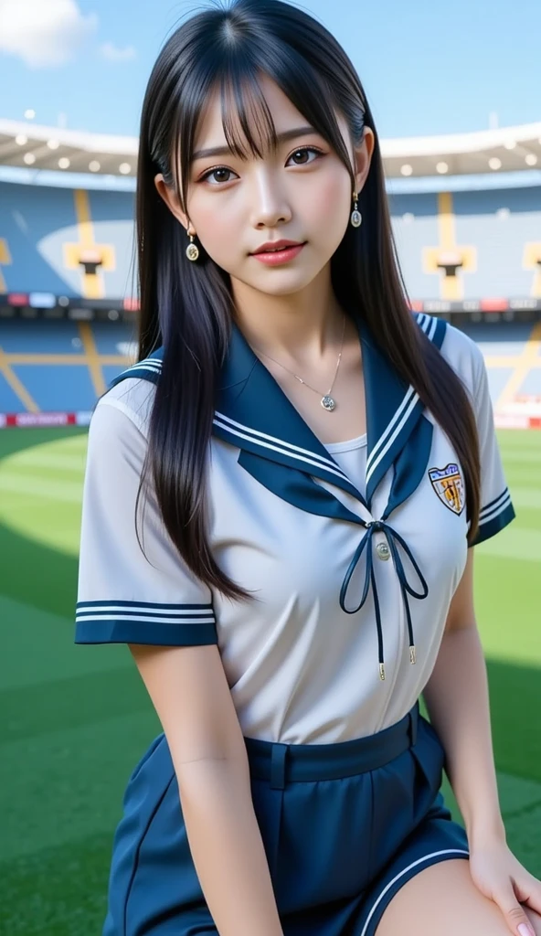 neat college girl, (school uniform, sailor uniform, ribbon tied at chest, summer uniform, upper body white, skirt dark blue, short sleeves), outside the athletic field, (slim), photorealistic, detail, skin texture, ultra detail, delicate and sexy collarbone, smile, super detailed face, detailed lips, detailed eyes, double eyelids, small breasts, small breasts, small, small, flat chest
