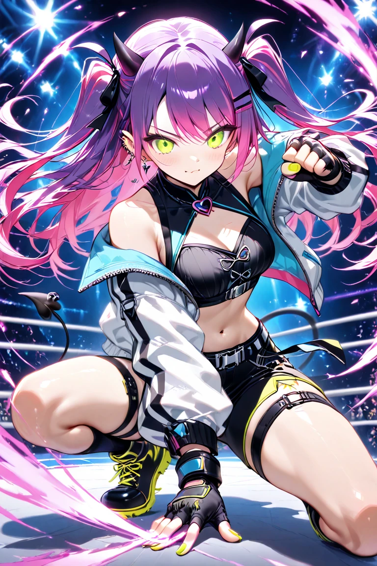 1 person、Mature、Ample breasts、Long Hair、Purple Hair、ponytail、Braid、Emerald green eyes、Black hoodie、Shoulder Bare、choker、Earrings、Shorts、garter、Pointed handbag、Ready for battle、Arena、Serious face、audience、Spotlight、Big screen behind、High resolution、Highest quality