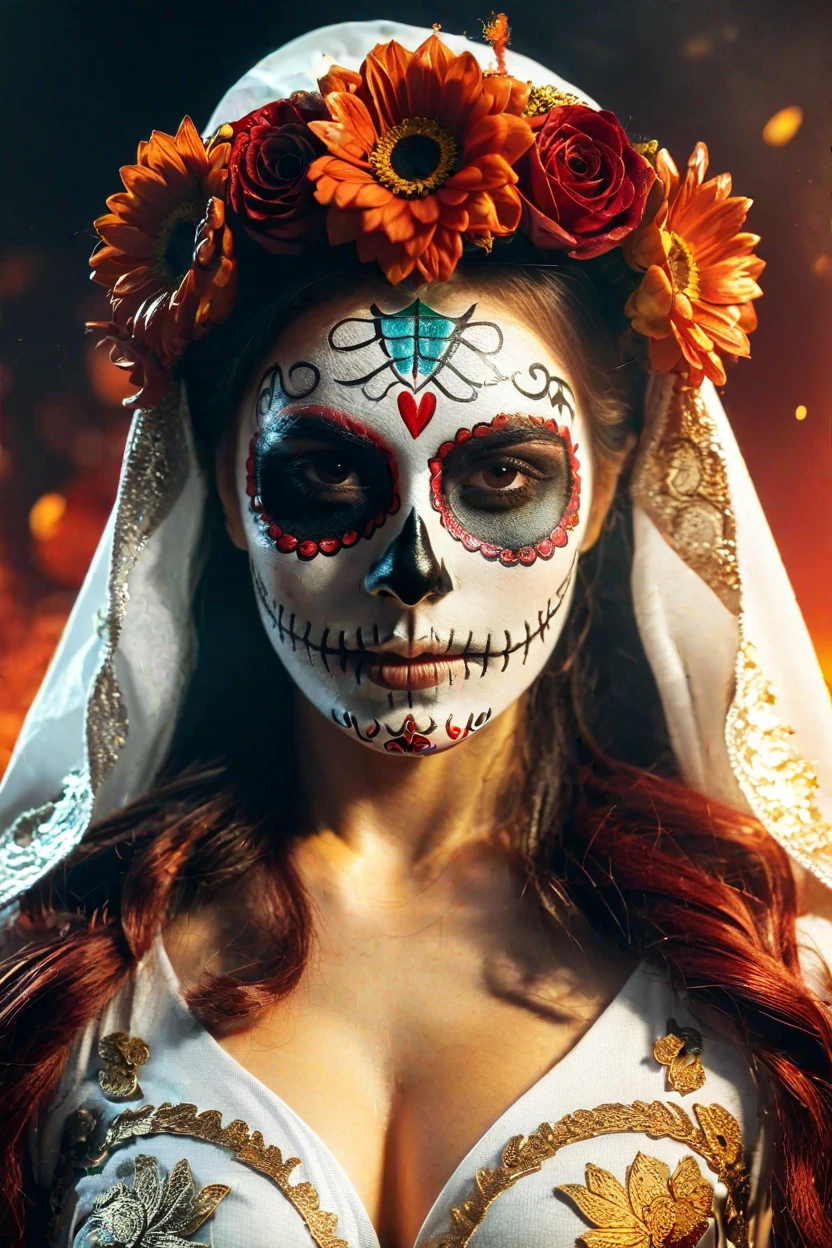 woman dressed sugar skull costume flowers, amazing octane render, thick dust red tones, wearing golden halo, saint woman, white skeleton face, wearing dark hood, hyperrealistic concept art, flower,