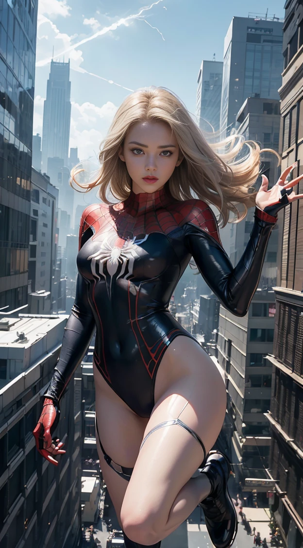 (1girl:1.3), Solo, (((Very detailed face)))), ((Very detailed eyes and face)))), Beautiful detail eyes, Body parts__, Official art, Unified 8k wallpaper, Super detailed, beautiful and beautiful, beautiful, masterpiece, best quality, original, masterpiece, super fine photo, best quality, super high resolution, realistic realism, sunlight, full body portrait, amazing beauty, dynamic pose, delicate face, vibrant eyes, (from the front), She wears Spider-Man suit, red and black color scheme, spider, very detailed city roof background, rooftop, overlooking the city, detailed face, detailed complex busy background, messy, gorgeous, milky white, highly detailed skin, realistic skin details, visible pores, clear focus, volumetric fog, 8k uhd, DSLR, high quality, film grain, fair skin, photo realism, lomography, futuristic dystopian megalopolis, translucent --auto --s2