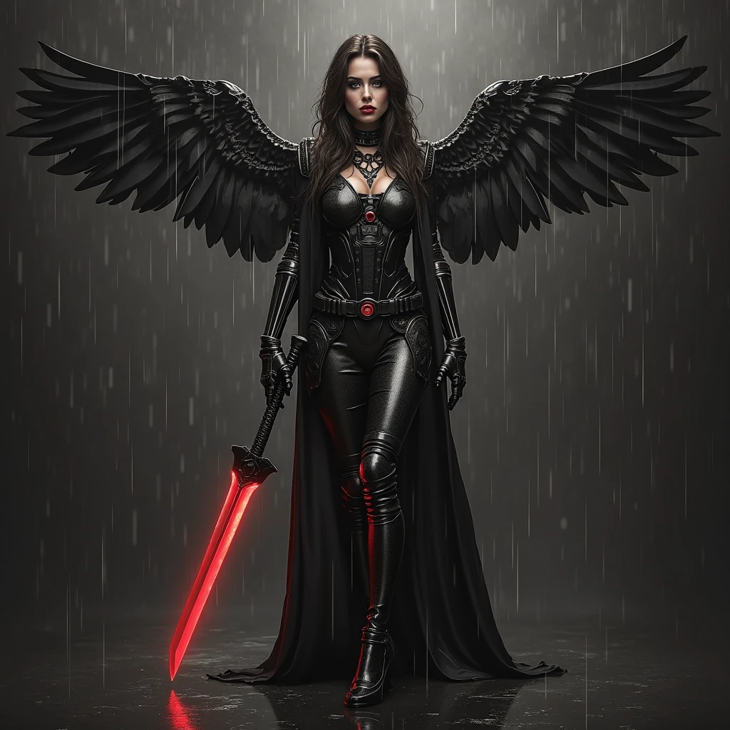 There's a black-haired woman, olhos azuis, red-lips, rosto perfeito, com grandes asas negras andando na rua, seios nus, pele clara, pale skin, abdome fino, abdome exposto, Botas de coxa, latex boots, Vilania tem asas de anjo negro, Epic Fantasy Digital Art Style, por Yang J, Arte de fantasia 4k, raven winged female vampire, Artgerm Julie Bell Beeple, Chengwei Pan em ArtStation, arte conceitual | Artgerm, epic exquisite character art, anjo escuro