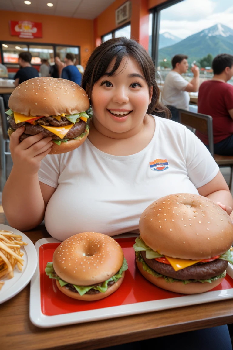 Salma Hayek, two fat girls, at a buffet, surrounded by food, lots of fast food, hamburgers, girls groping each other, eating, naked, no clothing, no shirt, , no bra, (no clothing:1.5), huge breasts, gigantic breasts, (gigantic breasts:1.9) fat belly, (fat belly:1.5), extremely fat, immobile, too fat to move, ssbbw, (ssbbw:1.9), extremely overweight, mounds of fat, piles of fat on her belly, belly stuffed full of food, lesbian girls, duo, girls groping each other, blushing, aroused face, sweating,