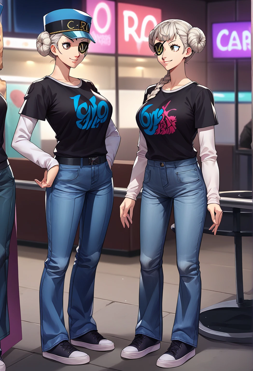 pyra from xenoblade, cropped shirt that is possible see the nipples through, jeans pants, in public, people around, black jacket
