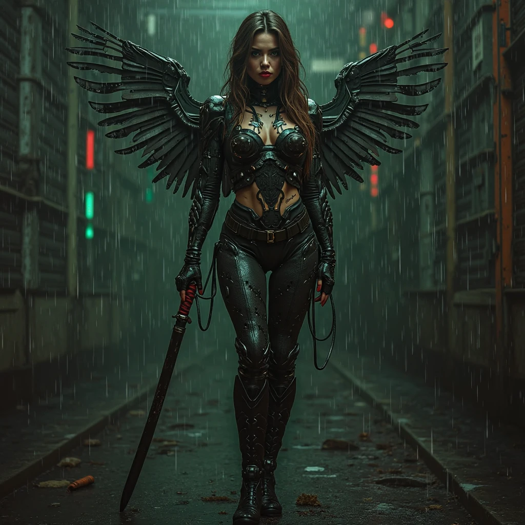 Cute Japanese woman, (16 years old), (Very cute face: 1.3), Red lips, white moist skin, mole, melancholy expression,
BREAK,
Female fitness model body, Hard toned feminine body, (Muscles: 1.2), (Beautiful navel),
BREAK,
Female superior ancient strigoi vampire, Horror, Angel wings, Black wings, Red jewelry, (Large wings: 1.4), Satan, Hellfire, Full body, Devil, Flame,
BREAK,
(Very large machine gun: 1.4), (Holding machine gun: 1.3), (Fighting: 1.2), (Taking a fighting stance), (Firing machine gun: 1.2),
BREAK,
(Japanese tattoo: 1.4),
BREAK,
Masterpiece, Perfect lighting, Ultra high resolution, 8K, (Very detailed: 1.4), (From the front), Looking at the camera,
BREAK,
(Large red and white radio tower: 1.2), (Large radio tower background: 1.2), (Neon lights: 1.2),