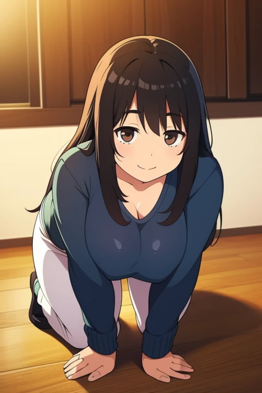 Chubby black hair brown eyes happy long messy hair smile derdere on floor view from front