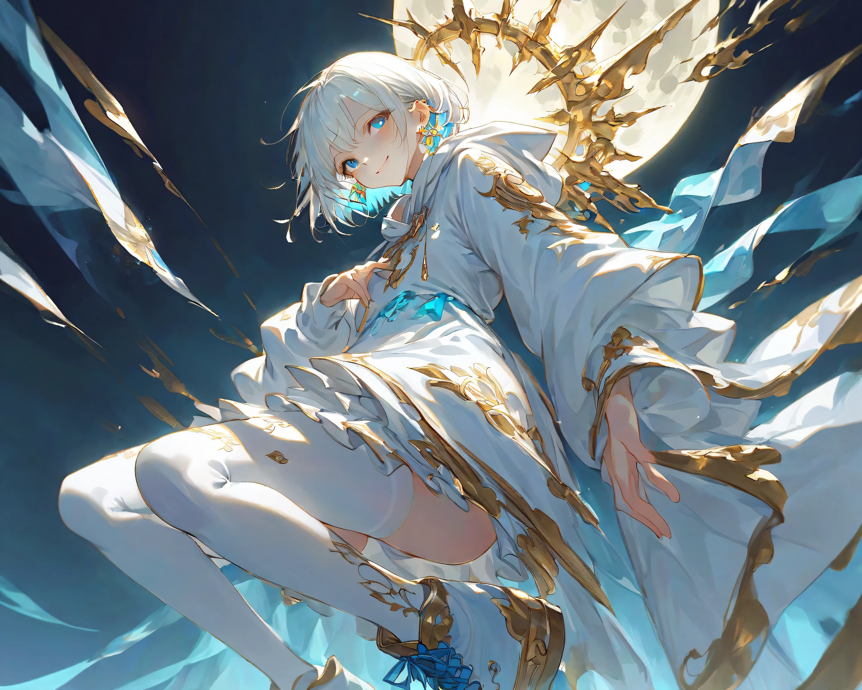 masterpiece, best quality, 1other, short hair, phosphophyllite, blue hair, blue eyes, androgynous, solo, golden arms, bangs, blunt bangs, looking at viewer, gold, white eyes <lora:gem:1>