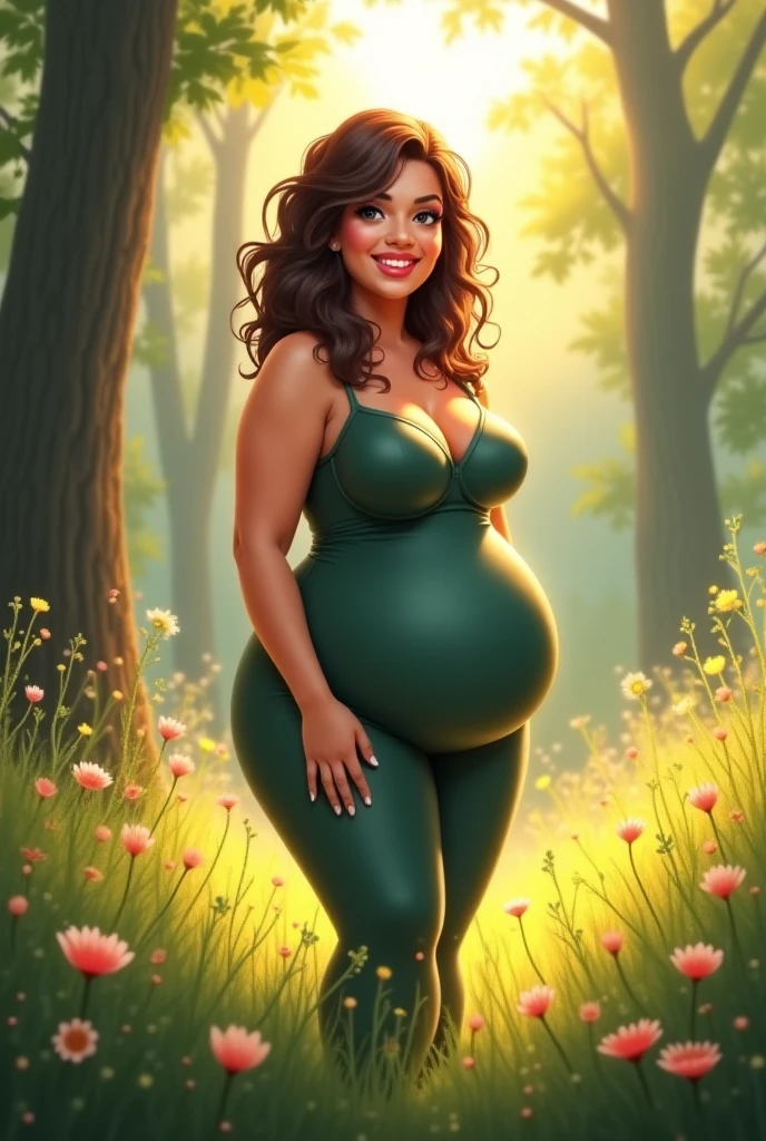 with curly black hair, curly hair, brunette skin, pregnant, green dress, Large belly, body skinny , small breasts exposed, large nipples lactating milk.