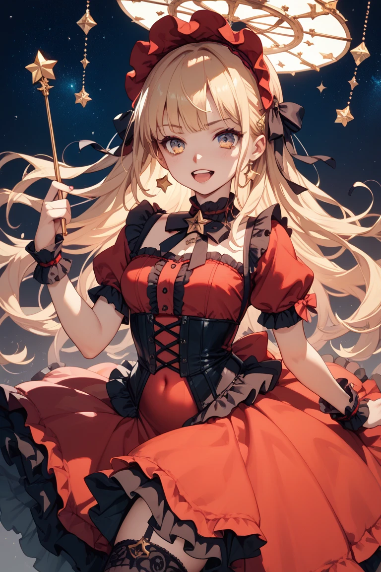 tmasterpiece, High- sharpness, Best quality at best, ssmile, Lolita prostitute,Double ponytail in gold,red pupils