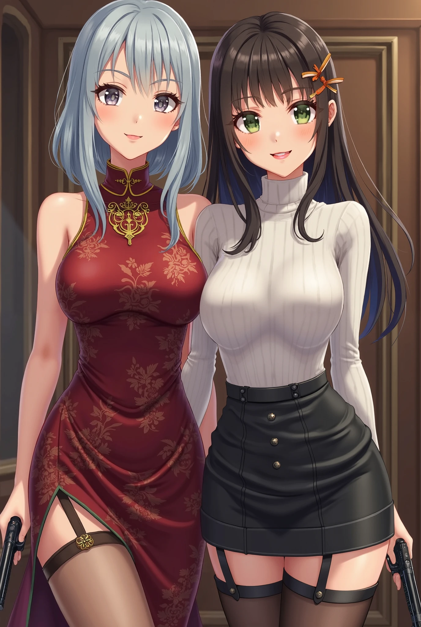 2girls, elf, same hair, identical twins, young adult, long dark brown hair, side ponytail, purple eyes, wearing matching plain green dress, simple silver jewelry, palace, absurdres, high res, ultrasharp, 8K, masterpiece, looking at viewer