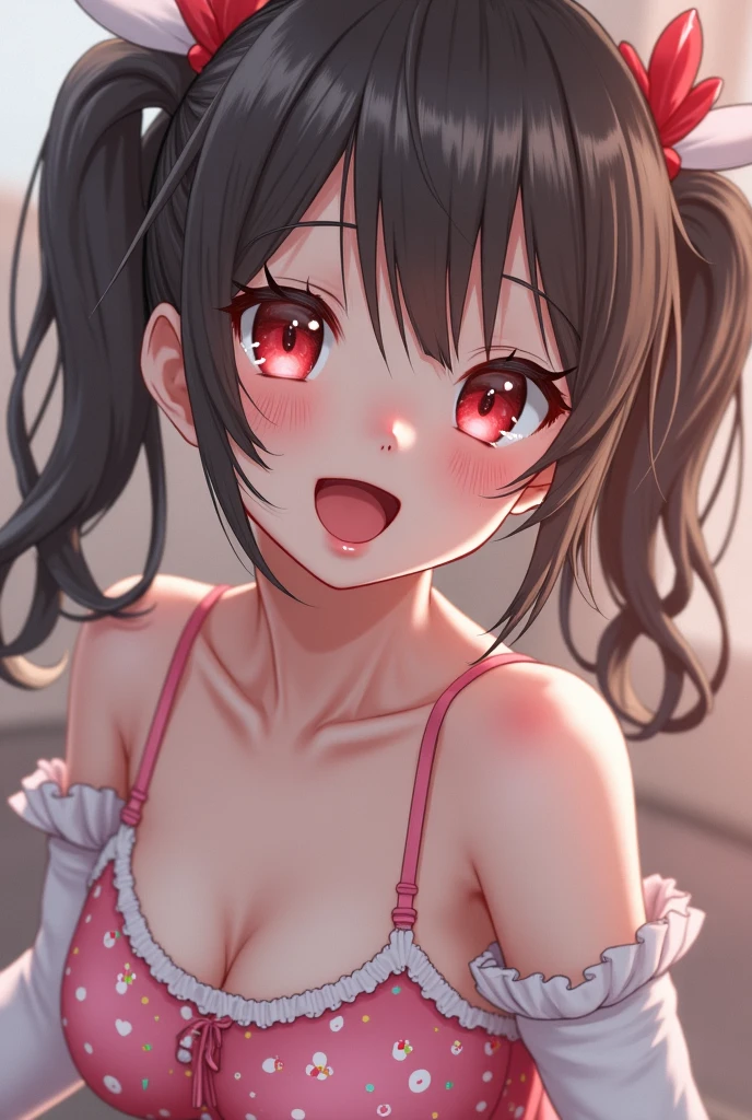 Brown hair, short hair, big breasts, cat ears, Devil's Eyes, grin, naughty face, sticking out tongue, saliva,