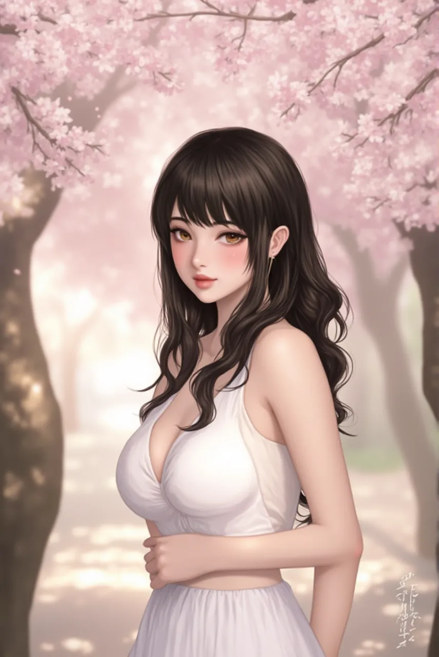 upper body, solo, 1girl, looking down, smile, blush, small breasts, no light, Cymbidium \(flower\), floral background <lora:milfkitchen_style_v01:1>