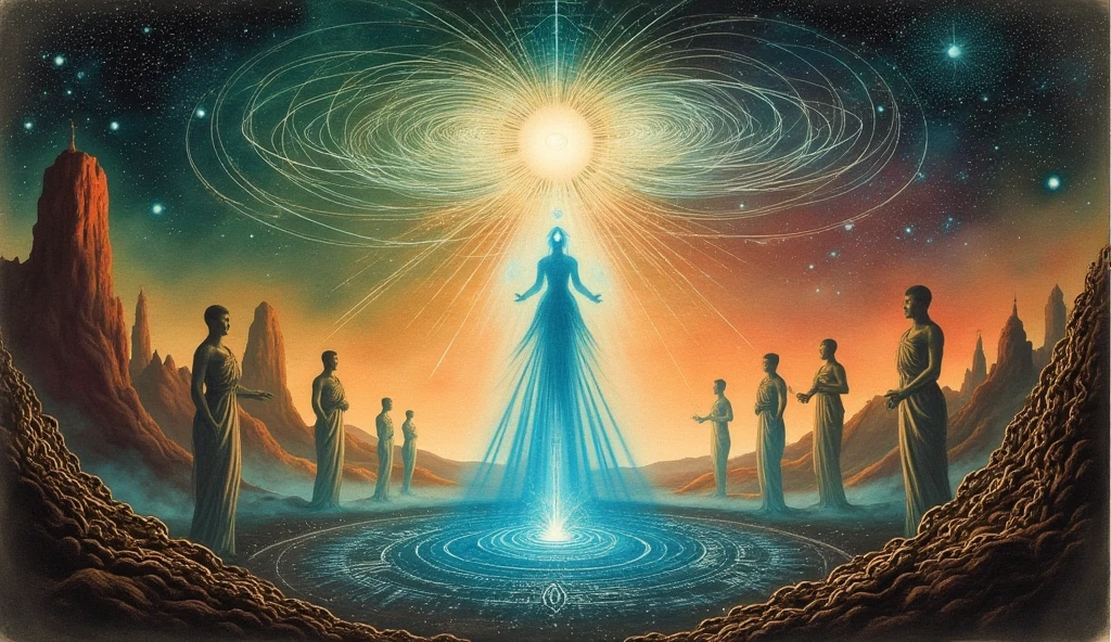 a poster of a woman surrounded by many other people, alex grey and beksinski, collective consciousness, alex grey art, alex grey and tim hildebrandt, alex grey style, beings of astonishing structure, an interdimensional being, dmt entities, distributed consciousness, by Alex Grey, the annunaki making humans, visionary art style, style of alex grey, visionary art
