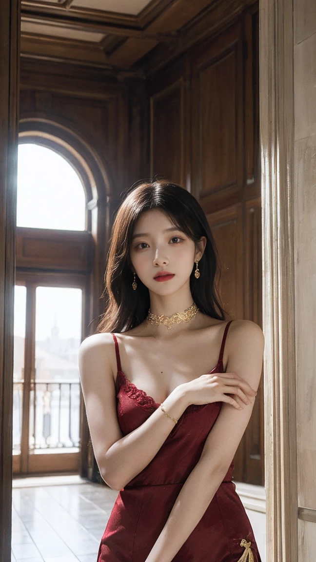 (Best Quality, Masterpiece, Photo realistic, Ultra Detailed, ultra high res, raw:1.perfect body, 1girl, parted lips, red lips, glitter eyeliner:1.4, upper body closeup, bedroom, japanese, 20years old, navel, shiny red dress, laces, white skin, cute, messy hair, red choker, ruby necklace, shoulder length luxury earings, looking at the viewer, gold eyes,red hair