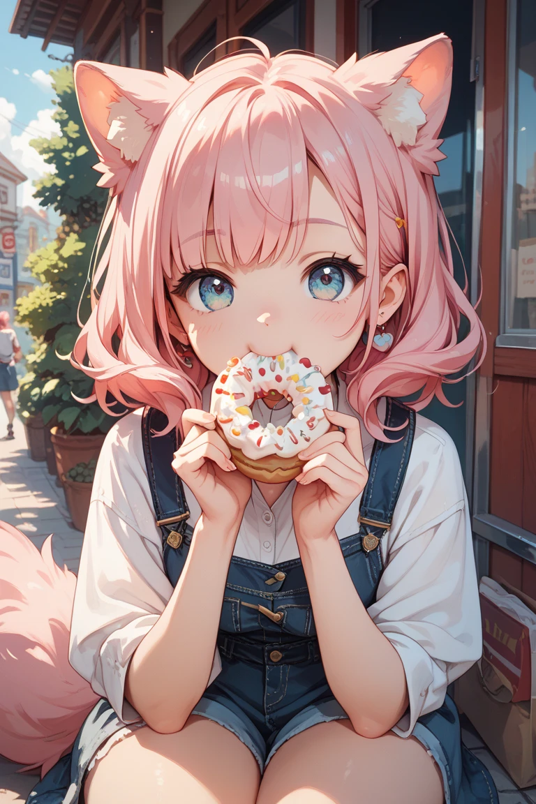 Two very cute 16 year old girls、「A cute girl with long, fluffy pink hair、A person happily eating a big, thick, white ice cream stick with their mouth wide open and stuffing it into their mouth」
