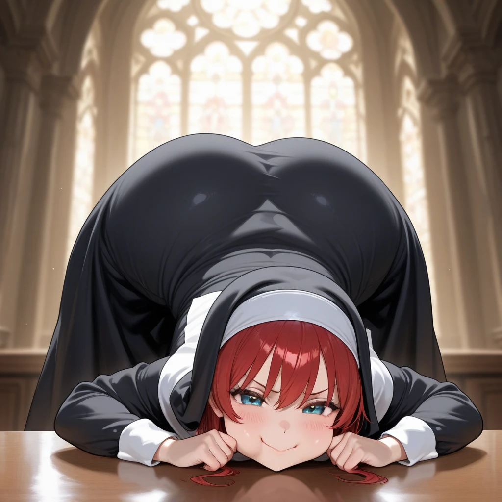 score_9, score_8_up, score_7_up, score_6_up, score_5_up, source anime, anime screencap, side view, femdom HeadscissorsSDXL, headsissors submission hold, hetero, 1NUN, 1boy (crotch bulge, in speedo), BREAKE,1girl((sexy nun, angry, torn strapless, underboob,, young, black long fingerless gloves, torn pantyhose, wrestling boots, angry)) (sitting on face, girl on top, sitting on person, 69, ass grab, asphyxiation, tighten thighs) . wrestling ring in a church