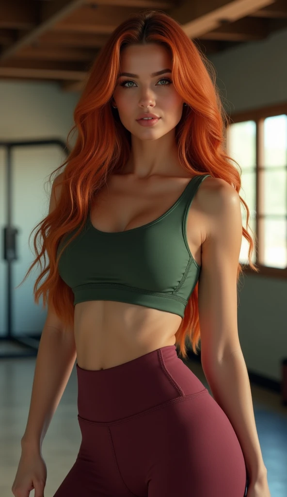 yoga pose, yoga pants, 1girl, 19 years old, innocent pose, innocent expression, gorgeous, (Long orange hair) captivating gaze, and an alluring expression. Background should be in yoga studio, allowing the woman to be the image's focal point. The body of the girl has to be fitted and skinny with medium breast size. Please pay close attention to the details, such as the highlights and shadows on her face and hair, to create a lifelike and realistic image. Experiment with different lighting techniques to enhance the mood and atmosphere of the portrait. The final product should be a masterpiece that captures the essence and beauty of the woman, ((highly detailed skin, skin details)), sharp focus, volumetric fog, 8k UHD, DSLR, high quality