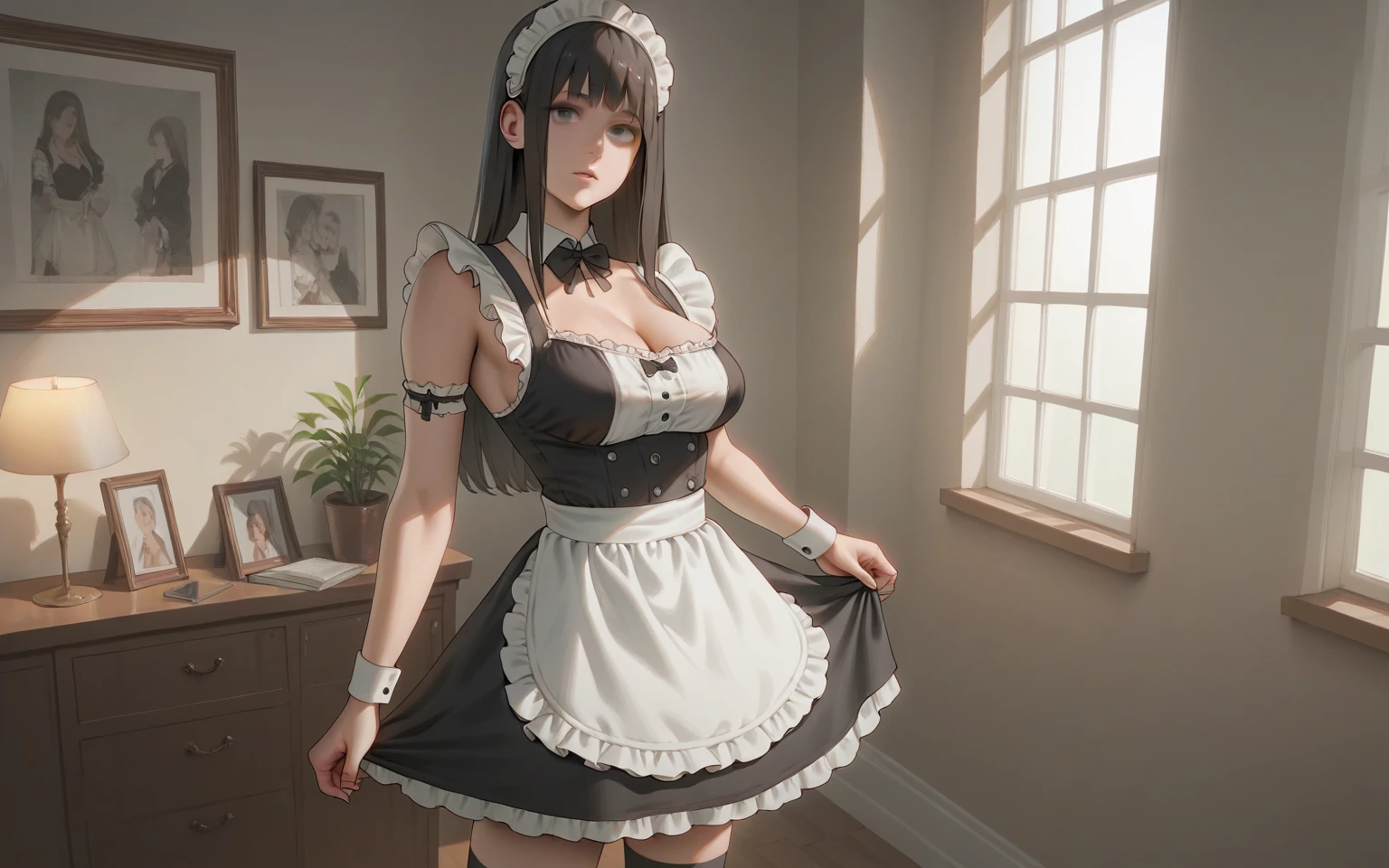 Masterpiece, top quality, ((((Realistic, Photorealistic: 1.37))), 8K, very delicate and beautiful, wonderful, official art with attention to detail, ridiculous, incredibly ridiculous, huge file size, super detailed, very detailed, (beautiful detailed girl), very detailed eyes and face, beautiful detailed eyes, light on the face, nsfw, (one girl), look at the viewer, ( Perfect female figure), slim waist, full body, big breasts, standing, pretty maid, maid clothes, ((miniskirt)), abdomen, unbuttoned, open clothes,, with bangs, feminine look, smile, ((back)), ((buttocks)) --auto --s2